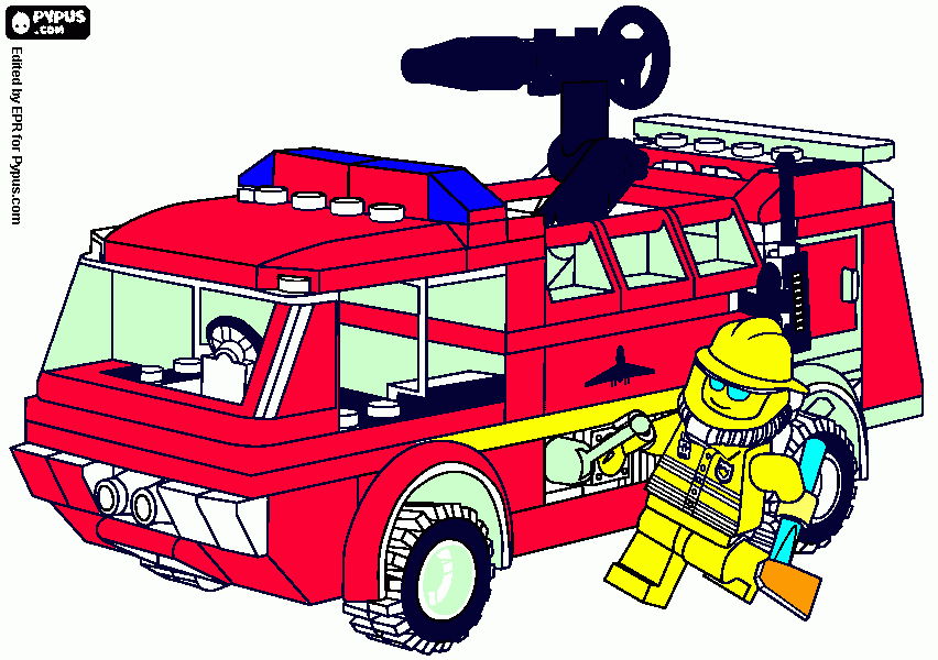Gomes bombeiro e camiao Lego para colorir e imprimir