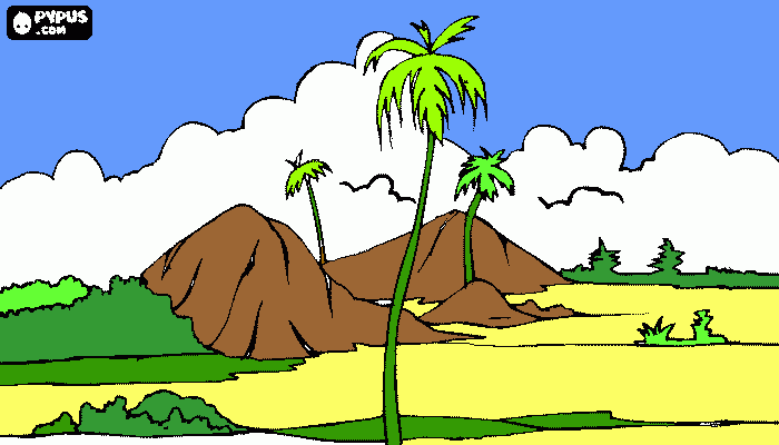 paisagemde uma ilha tropical com palmeir para colorir e imprimir