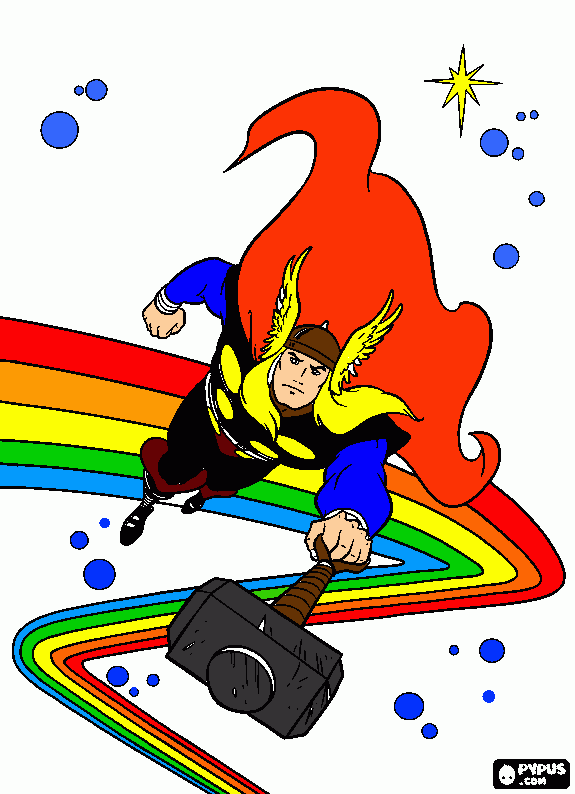 Thor voando sobre o arco-íris para colorir e imprimir