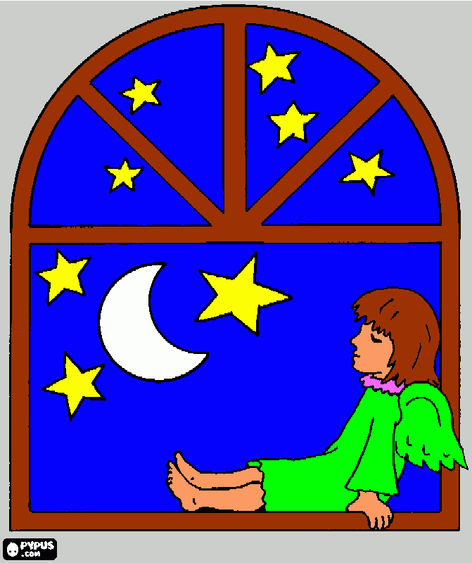 Um Anjo sentado numa janela para colorir e imprimir