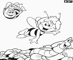 desenho de A abelha Maia e seu amigo Willy voando sobre flores para colorir