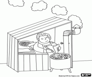 desenho de A castanheira ou a venda de castanhas assadas em uma tenda ou barraca com o fogão para assar castanhas para colorir