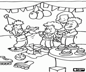 desenho de A crian�a receber presentes de anivers�rio de seus amigos na festa de anivers�rio para colorir