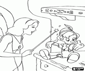 desenho de A Fada Azul d� vida ao boneco de madeira para cumprir o sonho de Gepeto e torn�-lo o seu filho Pin�quio  para colorir