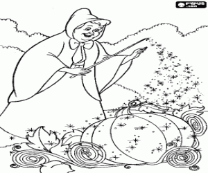 desenho de A fada madrinha com sua varinha m�gica transforma uma ab�bora em uma carruagem para transportar Cinderela ao grande baile do pr�ncipe  para colorir