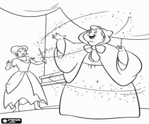 desenho de A Fada Madrinha feliz por ajudar a sua protegida Cinderela a conquistar o Pr�ncipe para colorir