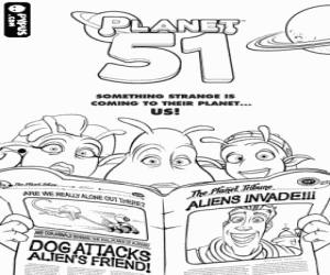 desenho de A leitura em fam�lia do jornal as �ltimas not�cias da invas�o alien�gena para colorir