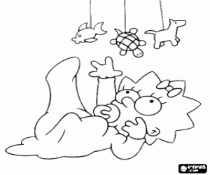 desenho de A pequena Maggie jogando com um brinquedo de animales suspensos: um peixe, uma tartaruga e um c�o para colorir