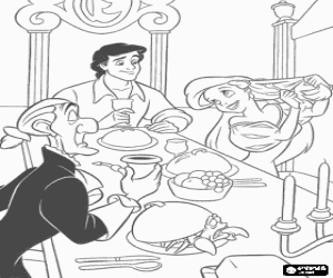 desenho de A Pequena Sereia Ariel como convidada ao almo�o no pal�cio do pr�ncipe para colorir