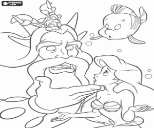 desenho de A Pequena Sereia Ariel conversando com seu pai e seu Rei Trit�o e os seus amigos o peixe Linguado e o caranguejo Sebasti�o para colorir