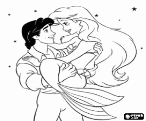 desenho de A Pequena Sereia Ariel nos bra�os de seu amado Pr�ncipe Eric para colorir