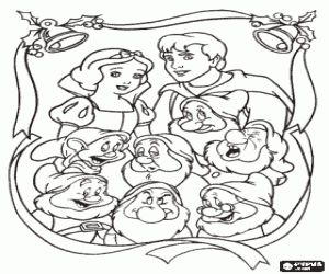 desenho de A Princesa Branca de Neve, o Pr�ncipe e os sete an�es emoldurada com decora��es de Natal para colorir