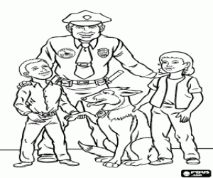 desenho de Agente da pol�cia com um menino e menina, juntamente com o seu c�o policial para colorir