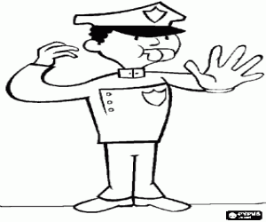 desenho de Agente da pol�cia parando o tr�fego com um apito ou assobio na boca para colorir