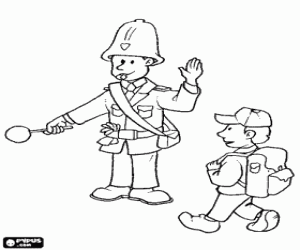 desenho de  Agente de pol�cia - Bobby controlando o tr�fego para permitir a passagem de crian�as perto de uma escola para colorir