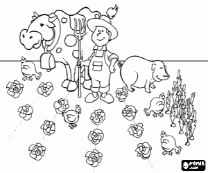 desenho de Agricultor com forcado na m�o, no jardim com as galinhas, o porco e a vaca para colorir
