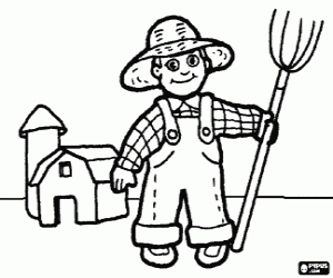 desenho de Agricultor com o forcado na m�o, e a fazenda no fundo para colorir