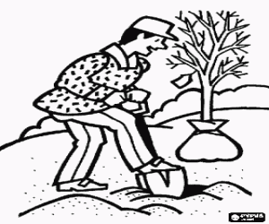 desenho de Agricultor ou jardineiro plantando uma �rvore para colorir