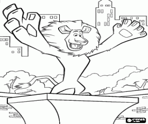 desenho de Alex, o le�o do zool�gico de Central Park, em Nova Iorque, com os bra�os abertos sobre o pedestal para colorir
