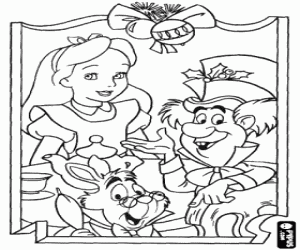 desenho de Alice comemorando o Natal com o Chapeleiro Louco eo Coelho Branco para colorir