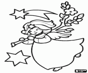 desenho de Anjo com um galho de visco seguindo a estrela de Natal para colorir