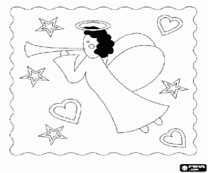 desenho de Anjo com um trompete entre estrelas e cora��es para colorir