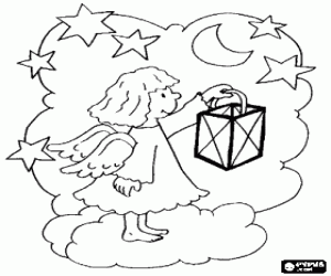 desenho de Anjo com uma l�mpada que ilumina o c�u da noite de Natal para colorir