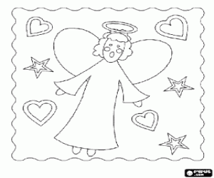 desenho de Anjo de Natal cantando entre estrelas e cora��es para colorir