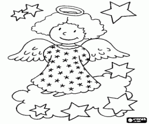 desenho de Anjo de Natal feliz acima das nuvens entre as estrelas para colorir