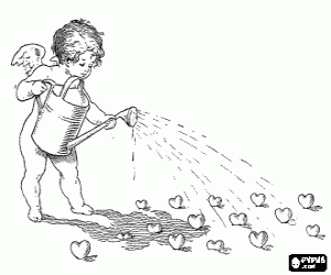 desenho de Anjo do Amor na irriga��o de um campo de cora��es para colorir