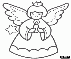desenho de Anjo do Natal com uma vela acesa para colorir