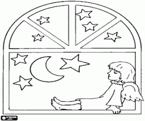 desenho de Anjo sentado em uma janela na frente do c�u estrelado para colorir