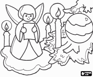 desenho de Anjol entre as velas acesas ao lado da �rvore de Natal para colorir