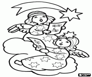 desenho de Anjos cantando can��es de Natal, nas nuvens, sob a estrela do Natal para colorir