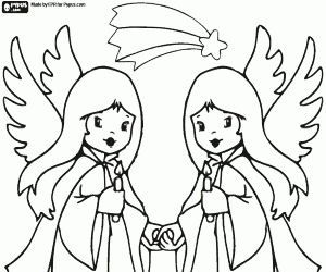 desenho de Anjos cantando uma can��o de Natal com velas acesas sob a estrela do Natal para colorir