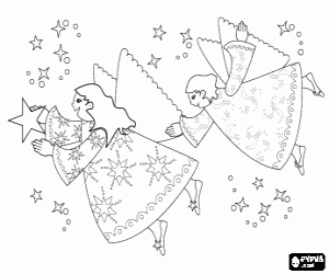 desenho de Anjos do Natal brincando com as estrelas para colorir