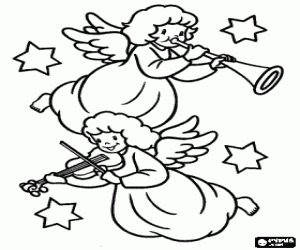 desenho de Anjos m�sicos tocando seus instrumentos, um trompete e um violino para colorir