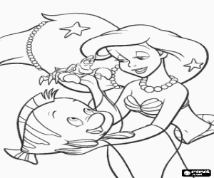 desenho de Ariel, a pequena sereia, com seus amigos Sebasti�o e Linguado para colorir