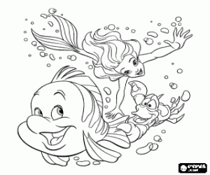 desenho de Ariel, a pequena sereia nadando feliz com seus amigos Sebasti�o e Linguado para colorir