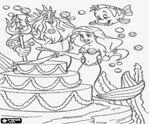 desenho de Ariel cortando o bolo de anivers�rio junto com o seu pai para colorir