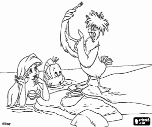desenho de Ariel e Linguado na praia olhando a gaivota Sabid�o para colorir