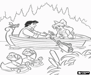 desenho de Ariel eo Pr�ncipe Eric em um passeio rom�ntico em barco  para colorir
