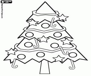 desenho de �rvore de Natal decorada com estrelas, bolas coloridas e doces palitos para colorir