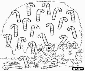 desenho de �rvore sorrindo cheio de doces e ao lado um homem de p�o-de-esp�cie para colorir