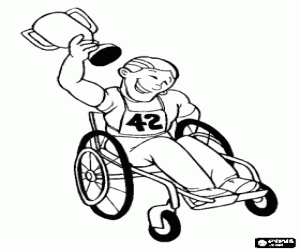 desenho de Atleta com defici�ncia em cadeira de rodas com a ta�a do vencedor para colorir