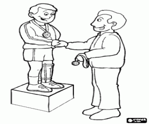 desenho de Atleta com defici�ncia f�sica recebendo a medalha de ouro no topo do p�dio para colorir
