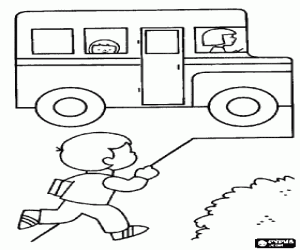 desenho de Auto escolar pequeno e menino correndo para colorir