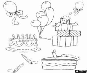 desenho de Bal�es, brindes, bolo de anivers�rio com as velas para colorir