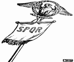 desenho de Bandeira ou Vexillum do Imp�rio Romano com a �guia romana e as iniciais do lema nacional Senatus PopulusQue Romanus - O Senado eo povo romano para colorir