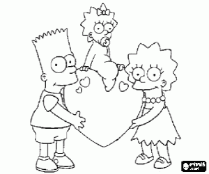 desenho de Bart e Lisa, os irm�os mais velhos, elevando a pequena Magie sobre em um cora��o para colorir